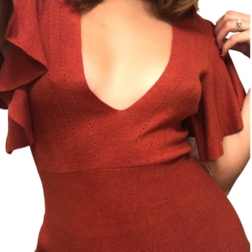 Free People Knit Mini Dress Ruffle Sleeve V-Neck Sz XS Jodi Orange Dress